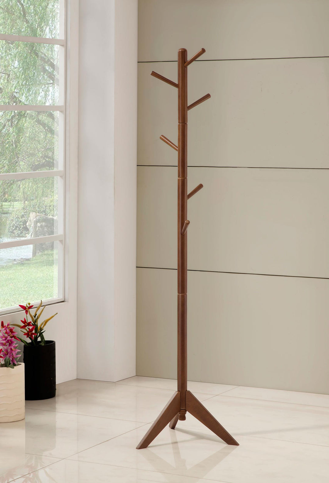 Coaster Furniture 900633 Devlin 6 Hook Freestanding Wood Coat Rack Hat Hanger Walnut