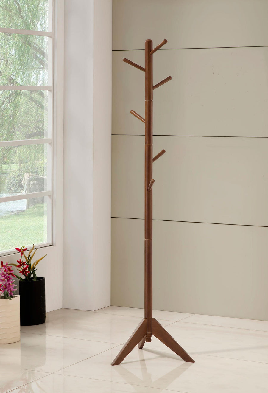 Coaster Furniture 900633 Devlin 6 Hook Freestanding Wood Coat Rack Hat Hanger Walnut