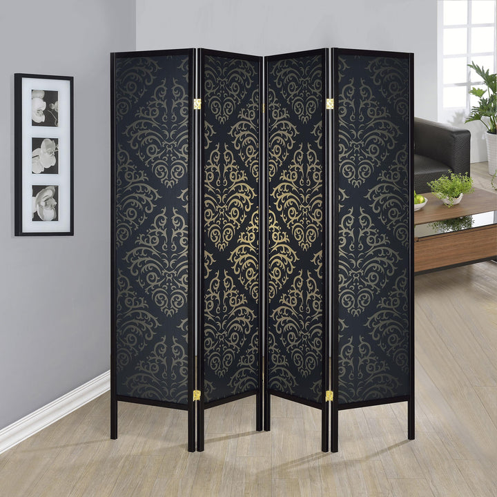 Coaster Furniture 901632 Haidera 4-Panel Room Divider Folding Screen Black Damask
