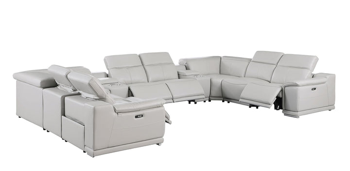 DivanItalia 9762 10-Piece U Shaped Top Grain Italian Leather Sectional Sofa with 4 Power Recliners - Light Gray
