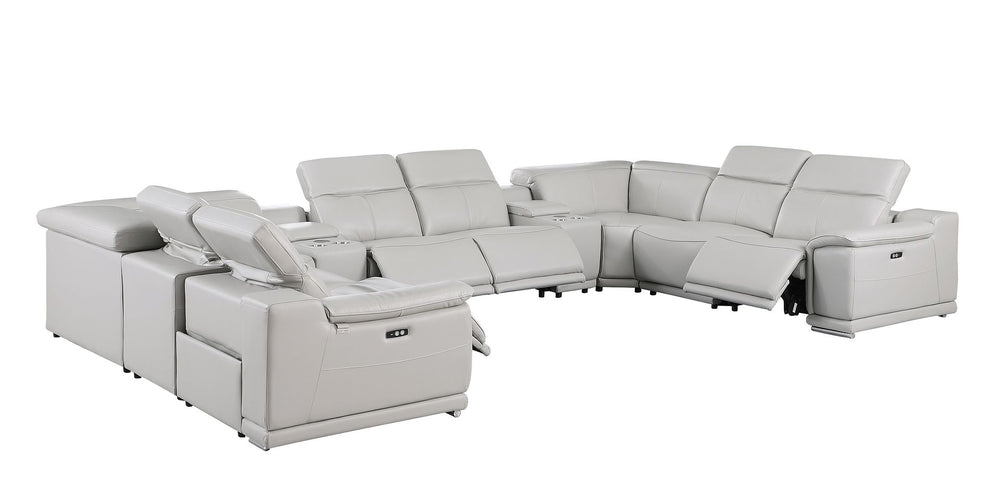 DivanItalia 9762 10-Piece U Shaped Top Grain Italian Leather Sectional Sofa with 4 Power Recliners - Light Gray