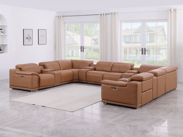 DivanItalia 9762 12-Piece U Shaped Top Grain Italian Leather Sectional Sofa with 4 Power Recliners - Cognac