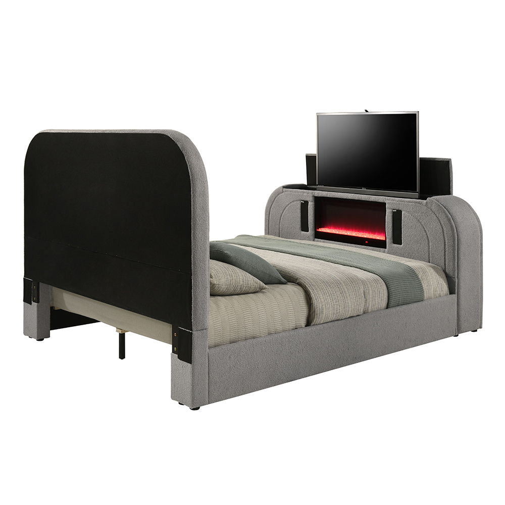 Shelyn - Queen Bed With Led, TV Stand, Fireplace & Bluetooth - Gray Teddy Sherpa & Chrome
