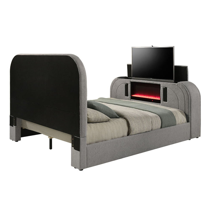 Shelyn - Queen Bed With Led, TV Stand, Fireplace & Bluetooth - Gray Teddy Sherpa & Chrome