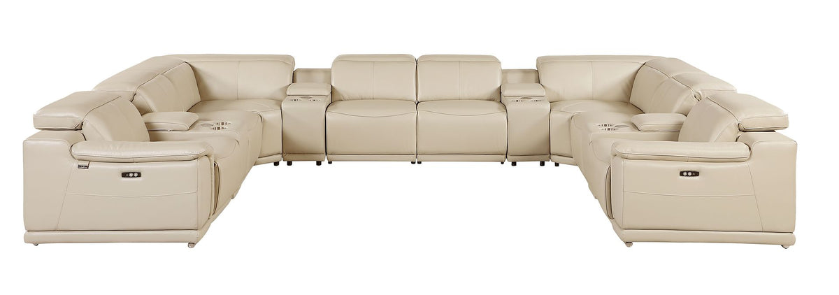 DivanItalia 9762 12-Piece U Shaped Top Grain Italian Leather Sectional Sofa with 4 Power Recliners - Beige