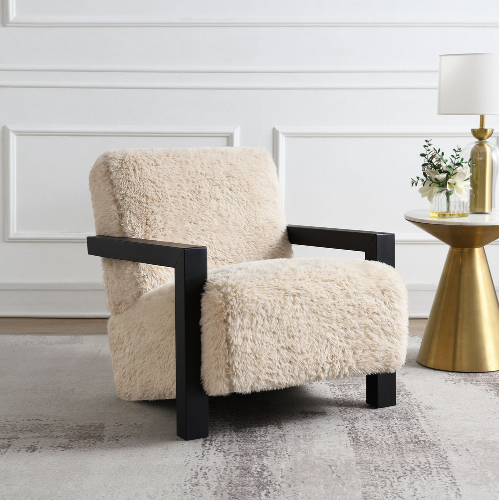 Fitzroy - Faux Fur Upholstered Chair Solid Wood Arms - Latte