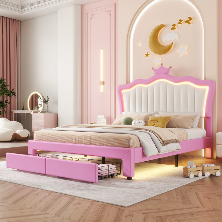 full-size-upholstered-princess-bed-frame-with-led-lights-crown-headboard-and-2-drawers-pink-white