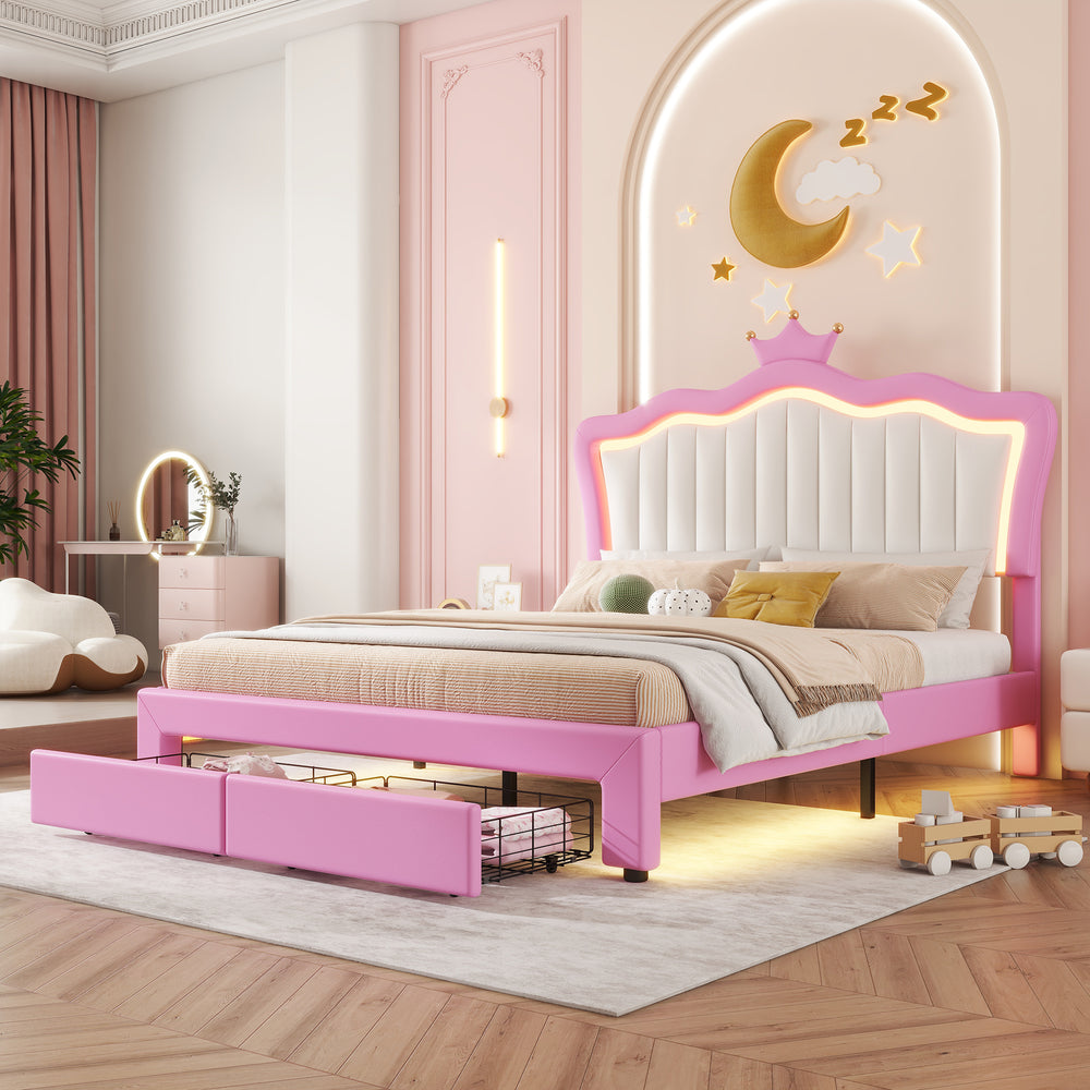 full-size-upholstered-princess-bed-frame-with-led-lights-crown-headboard-and-2-drawers-pink-white