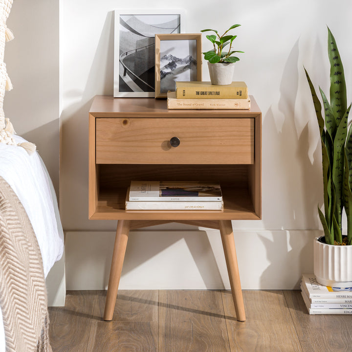 Mid-Century Solid Wood 1-Drawer Nightstand in Natural Pine Finish