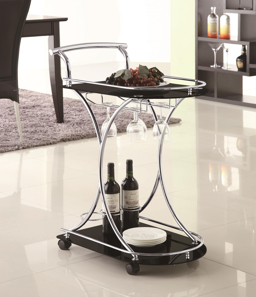 Coaster Furniture 910001 Elfman 2-tier Glass Shelf Metal Bar Cart Black and Chrome