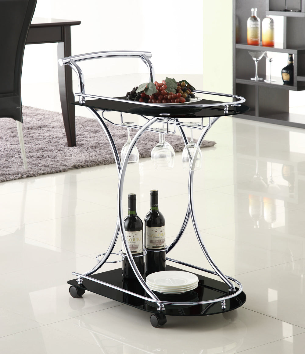 Elfman - 2-Tier Glass Shelf Metal Bar Cart - Black And Chrome