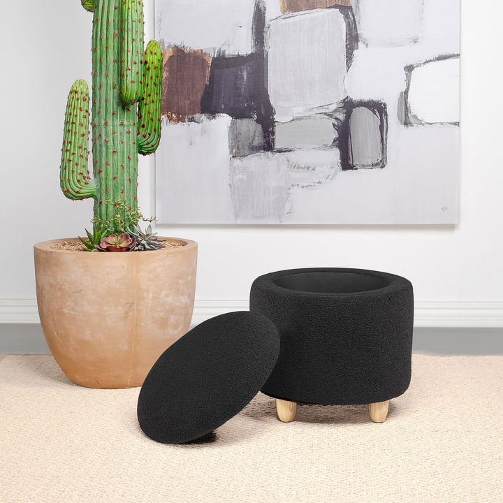 Coaster Furniture 910227 Valia Faux Sheepskin Upholstered Round Storage Ottoman Black