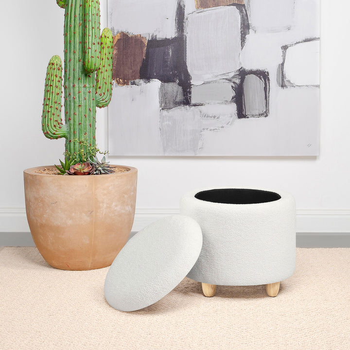 Coaster Furniture 910229 Valia Faux Sheepskin Upholstered Round Storage Ottoman Ivory