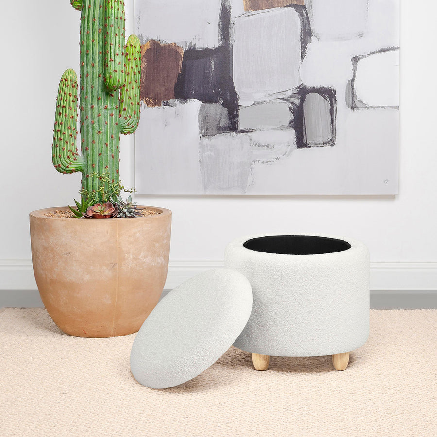 Coaster Furniture 910229 Valia Faux Sheepskin Upholstered Round Storage Ottoman Ivory