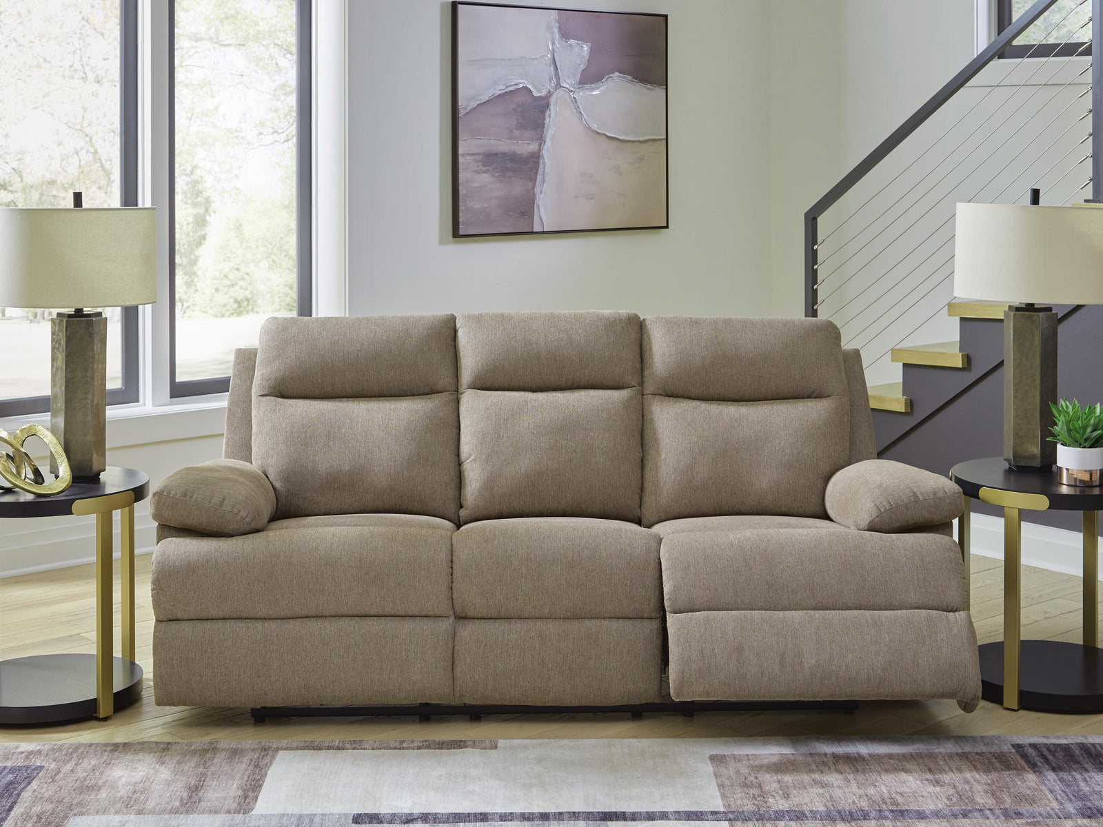 Side-Swipe Reclining Sofa with Drop Down Table - Beige (2)