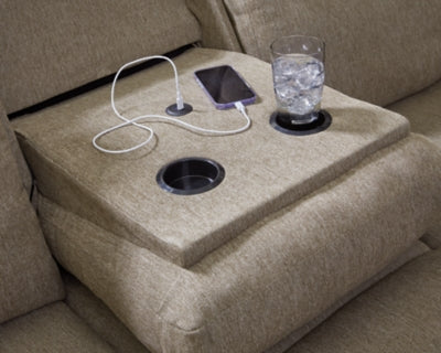 Side-Swipe Reclining Sofa with Drop Down Table