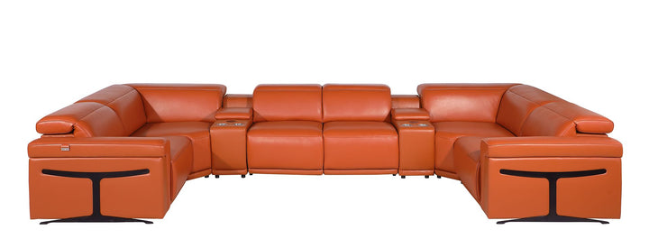DivanItalia 1126 8-Piece U-Shaped Sectional Sofa in Top Grain Italian Leather with 2 Power Recliners &amp; Power Headrests - Camel