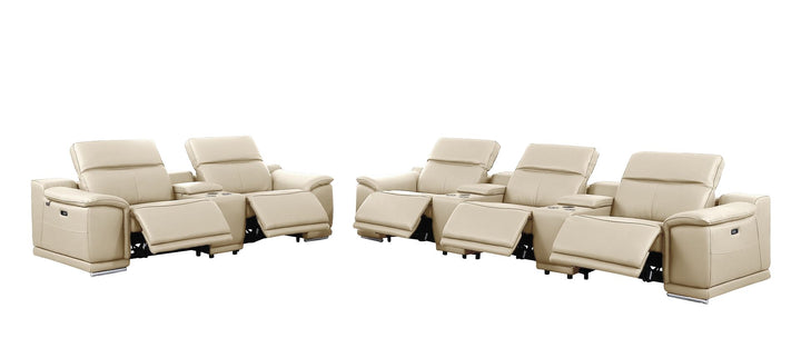 DivanItalia 9762 8-Piece Modular Power Reclining Sofa and Console Loveseat Set with Top Grain Italian Leather - Beige