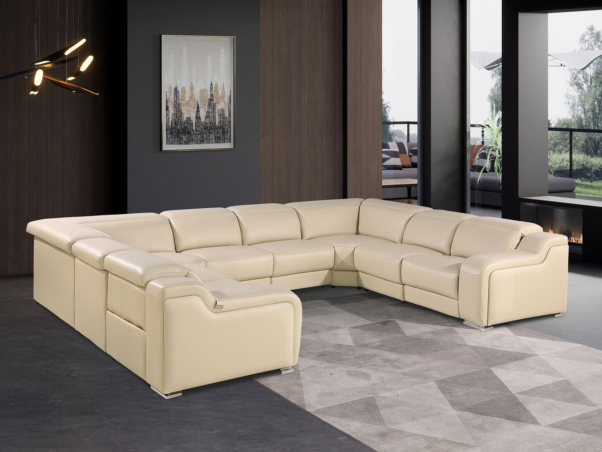 DivanItalia 1116 8-Piece U-Shaped Sectional Sofa in Top Grain Italian Leather with 4 Power Recliners & Power Headrests – No Console - Beige