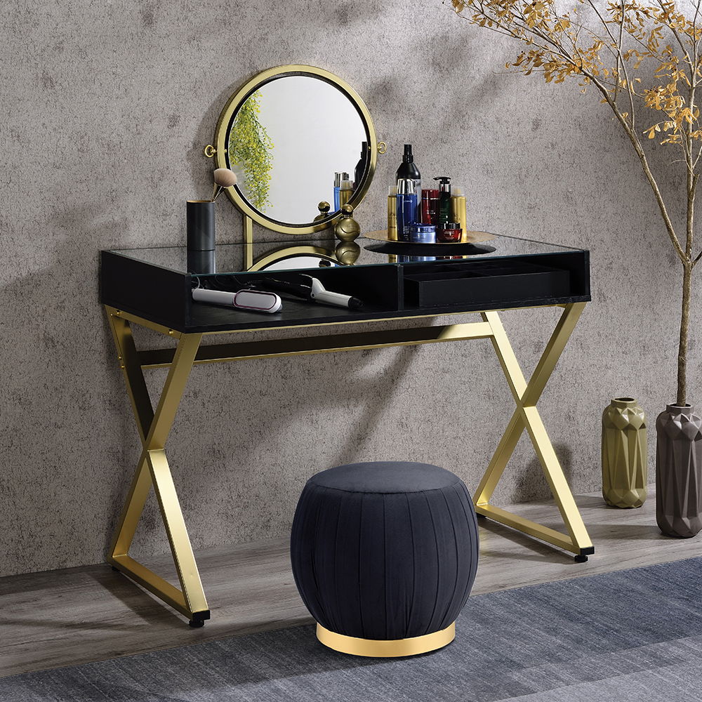 Coleen - Vanity Desk With Mirror & Jewelry Tray - Black & Gold