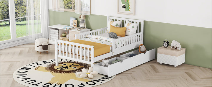 twin-size-wood-platform-bed-with-guardrails-and-two-storage-drawers-in-white