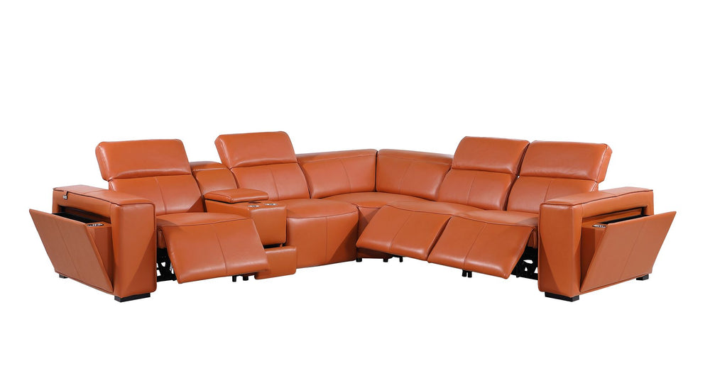 DivanItalia 1224 6-Piece L-Shaped Sectional Sofa in Top Grain Italian Leather with 3 Power Recliners & Power Headrests - Camel