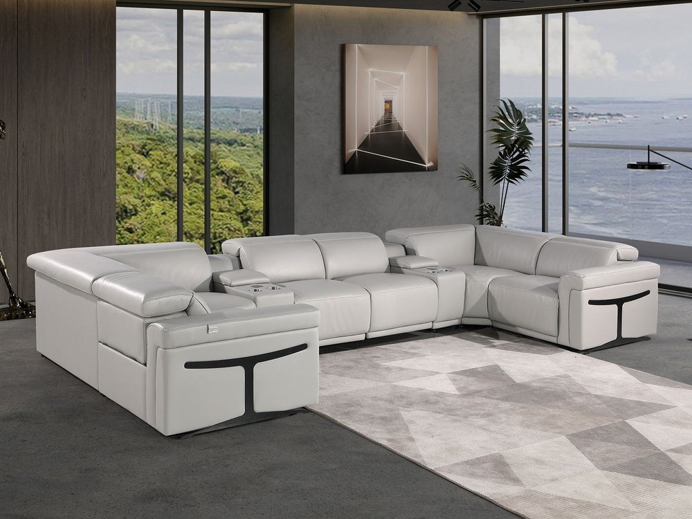 DivanItalia 1126 8-Piece U-Shaped Sectional Sofa in Top Grain Italian Leather with 4 Power Recliners & Power Headrests – with Console - Light Gray