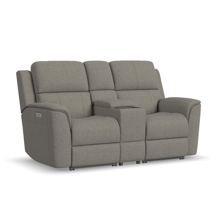 Flexsteel Henry Fog Gray Fabric Power Reclining Loveseat with Console, Power Headrests &amp; Lumbar