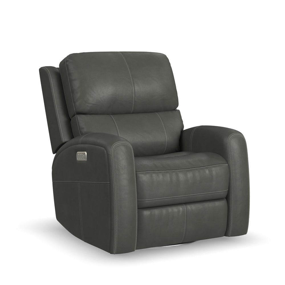 Linden Leather Power Swivel Gliding Recliner with Power Headrest, Lumbar, Heat & Massage in Charcoal