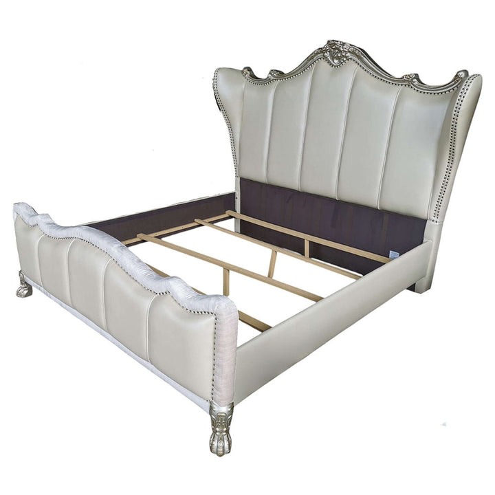 Dresden II - Eastern King Bed - Pearl White Synthetic Leather & Gold Patina