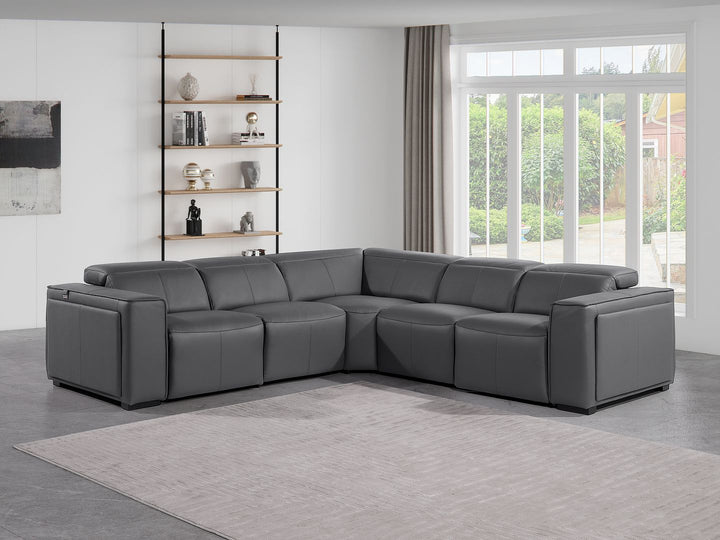 DivanItalia 1224 5-Piece L-Shaped Sectional Sofa in Top Grain Italian Leather with 3 Power Recliners &amp; Power Headrests - Dark Gray