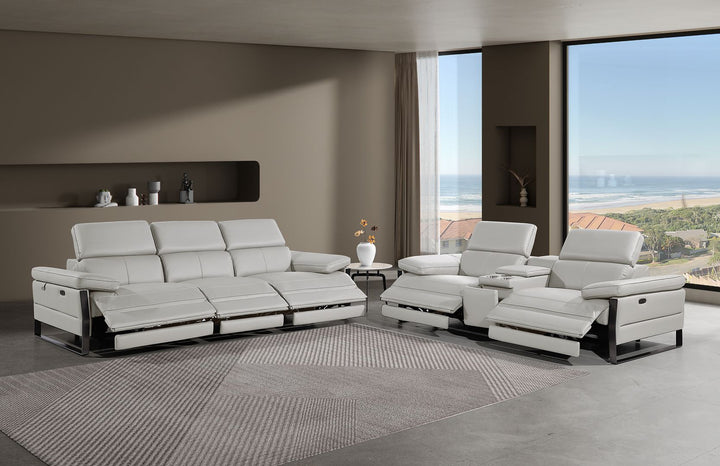 DivanItalia 1246 Modular Power Triple Reclining Sofa and Console Loveseat Set with Power Headrests – Top Grain Italian Leather - Light Gray