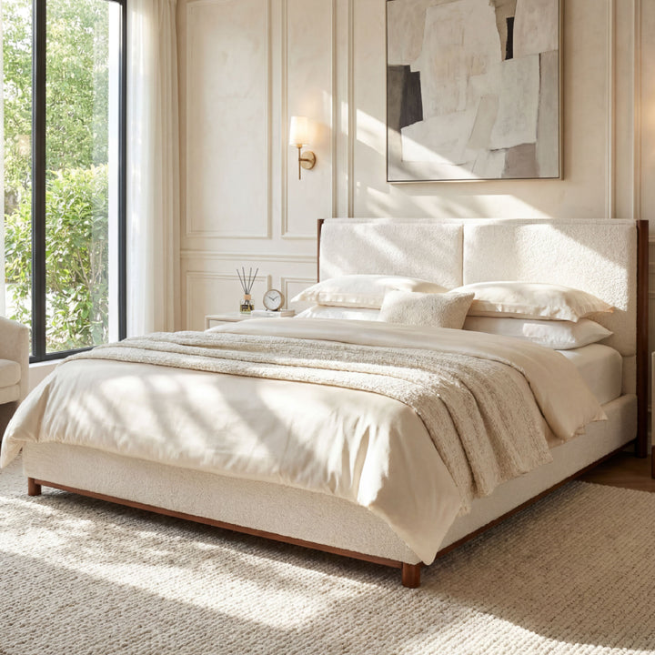 Walnut Trim Upholstered Queen Bed – White