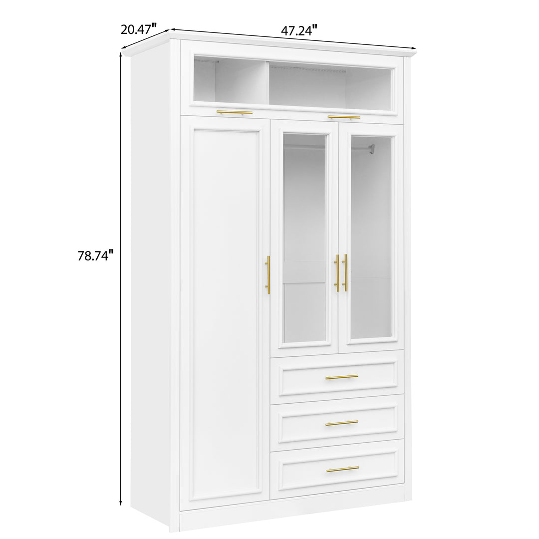 Wardrobe with glass doors, drawers, and hanging storage