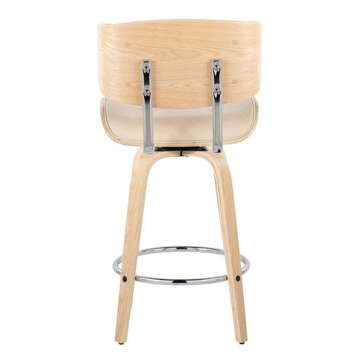 Lombardi 26-Inch Mid-Century Modern Swivel Counter Stools in Natural Wood &amp; Cream Faux Leather 