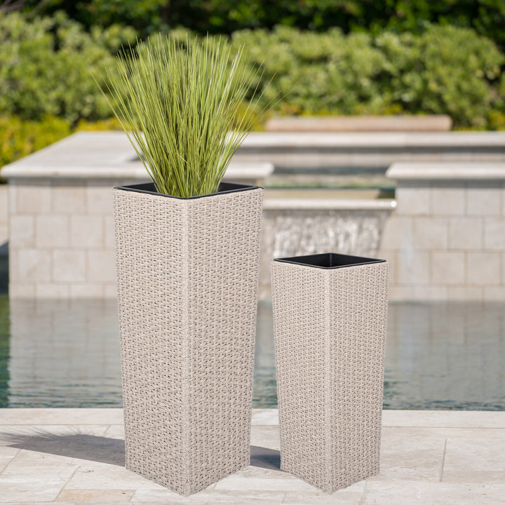 PE Wicker Outdoor Planters – Beige (Set of 2)