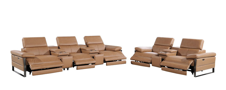 DivanItalia 1246 Modular Power Reclining Dual Console Sofa and Console Loveseat Set with Power Headrests – Top Grain Italian Leather - Cognac