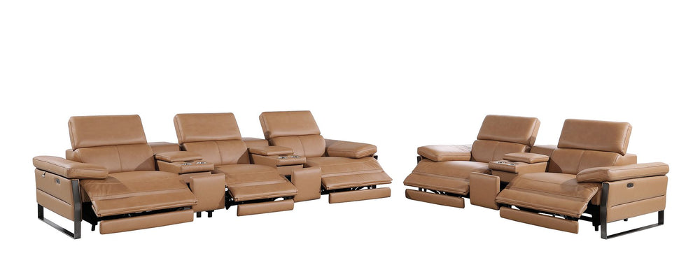 DivanItalia 1246 Modular Power Reclining Dual Console Sofa and Console Loveseat Set with Power Headrests – Top Grain Italian Leather - Cognac