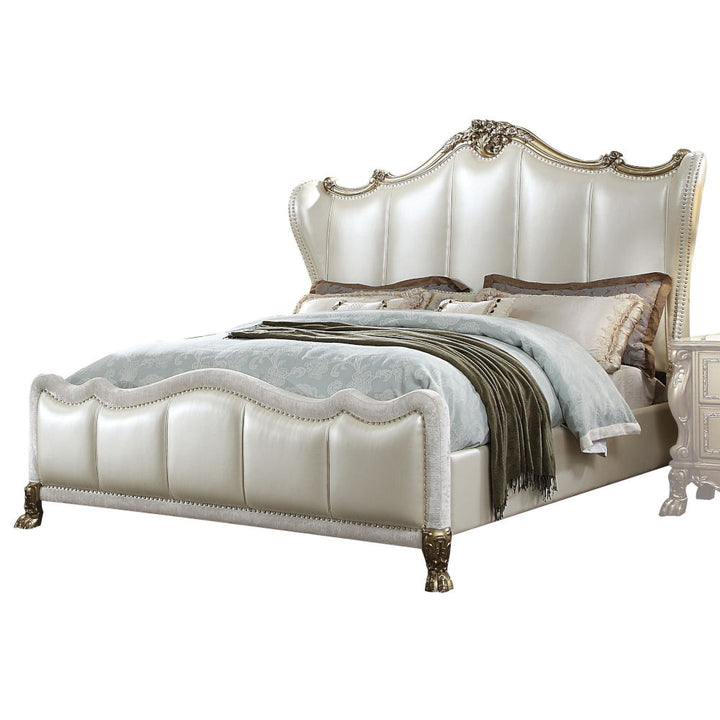 Dresden II - Queen Bed - Pearl White Synthetic Leather & Gold Patina