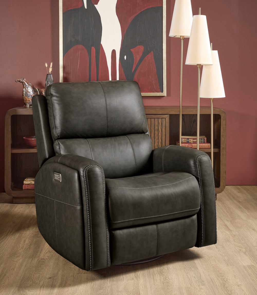 Linden Leather Power Swivel Gliding Recliner with Power Headrest, Lumbar, Heat & Massage in Charcoal