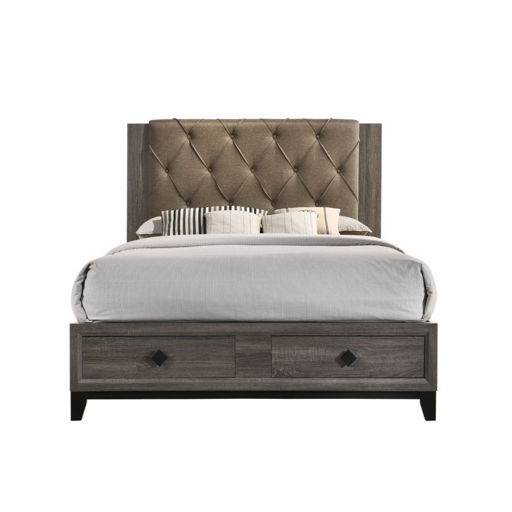 Avantika - Queen Bed With Storage - Fabric & Rustic Gray Oak