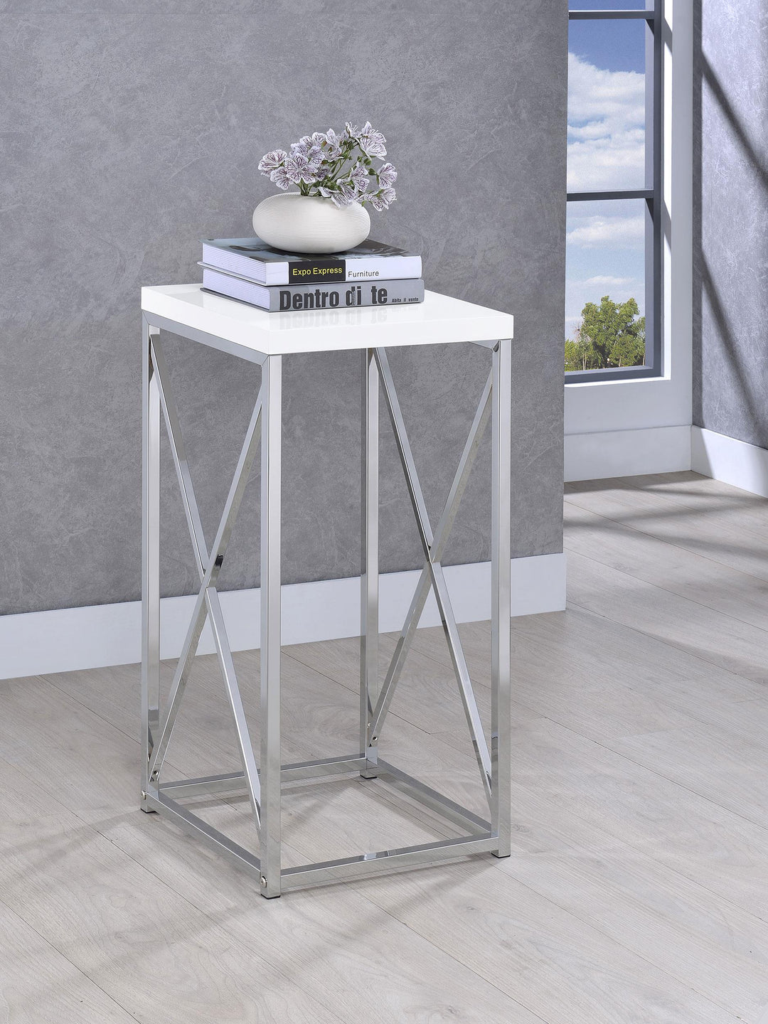 Coaster Furniture 930014 Edmund Square Accent Side Table White High Gloss and Chrome