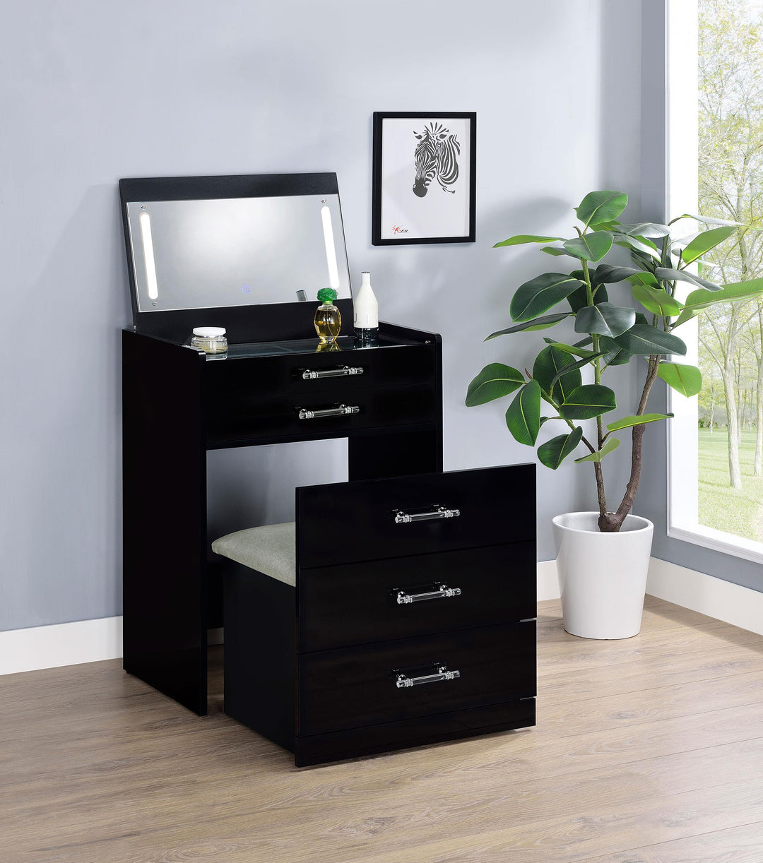 Coaster Furniture 930209 Danbury 3-drawer Makeup Vanity & Stool Set Black High Gloss