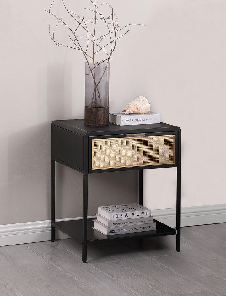 Coaster Furniture 930235 Amherst 1-drawer Radio Weave Cane Metal Bedside Table Black
