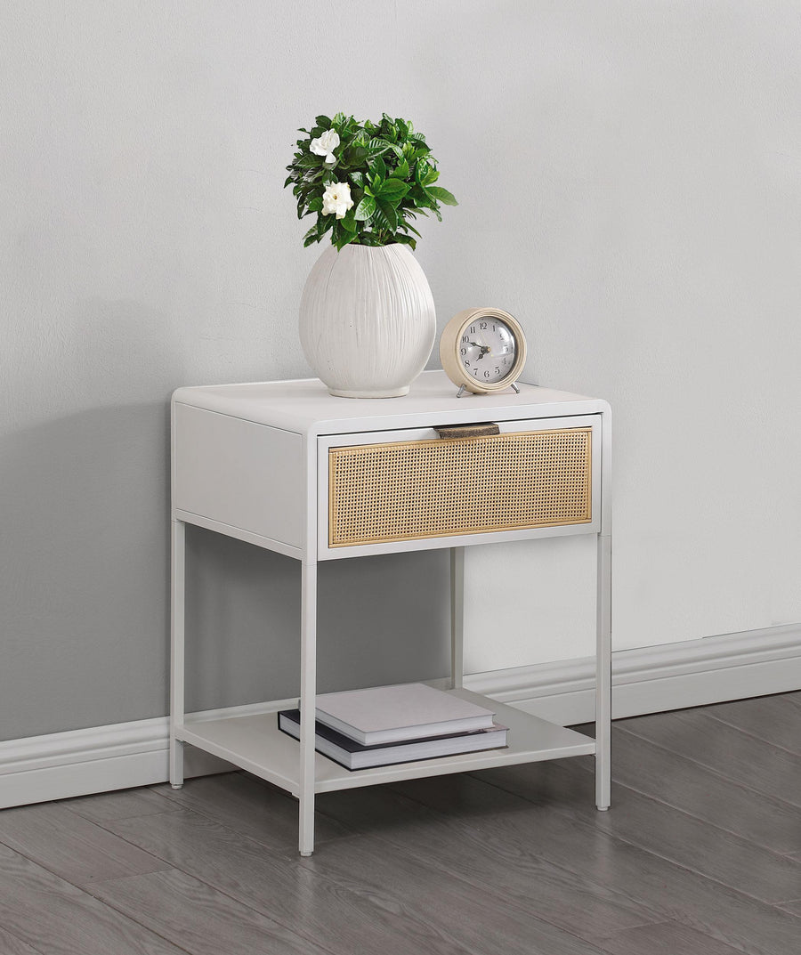 Coaster Furniture 930236 Amherst 1-drawer Radio Weave Cane Metal Bedside Table White