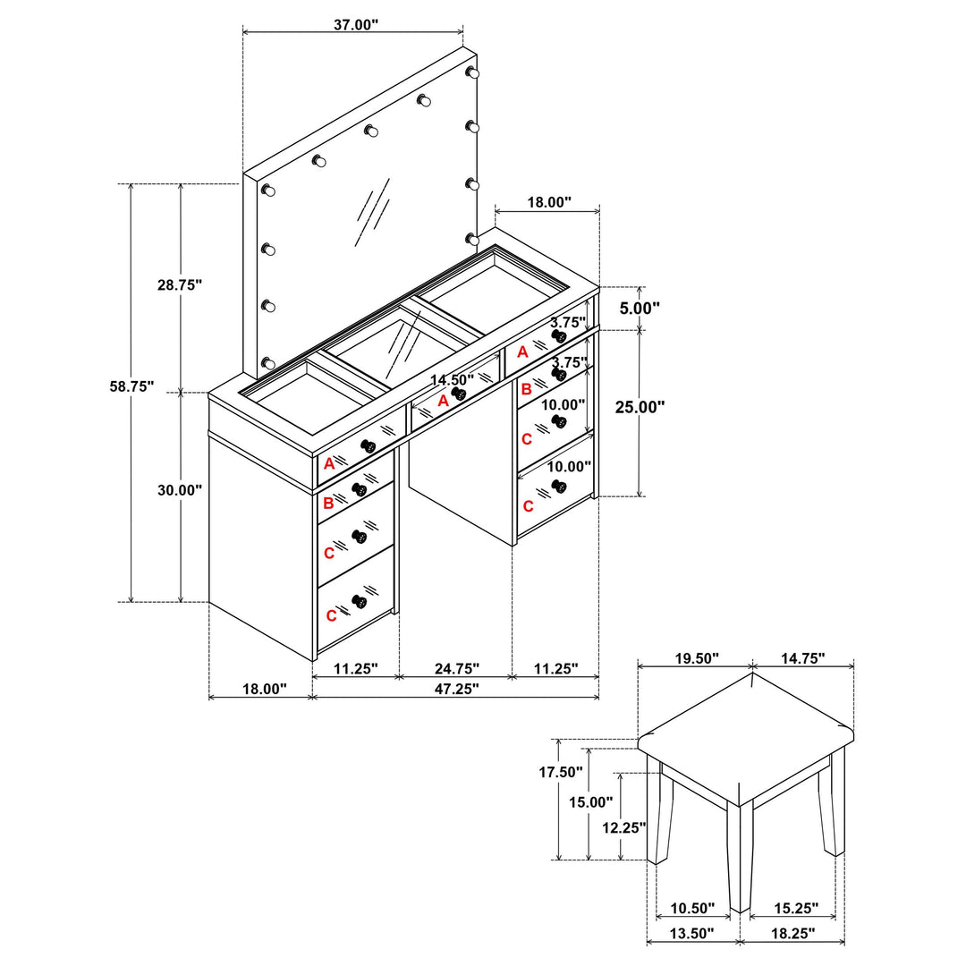 Coaster Furniture 930245 Regina Makeup Vanity Table Set with Lighting White