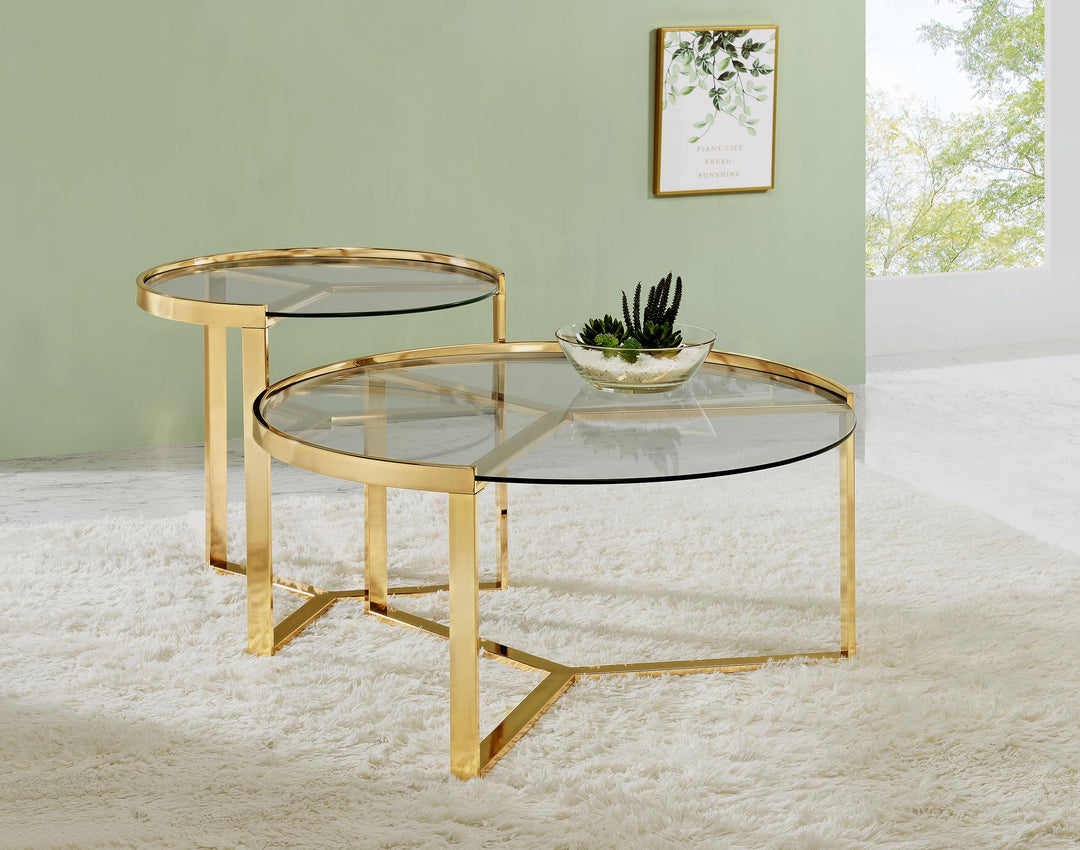 Coaster Furniture 930251 Delia 2-Piece Round Glass Top Nesting Coffee Table Gold