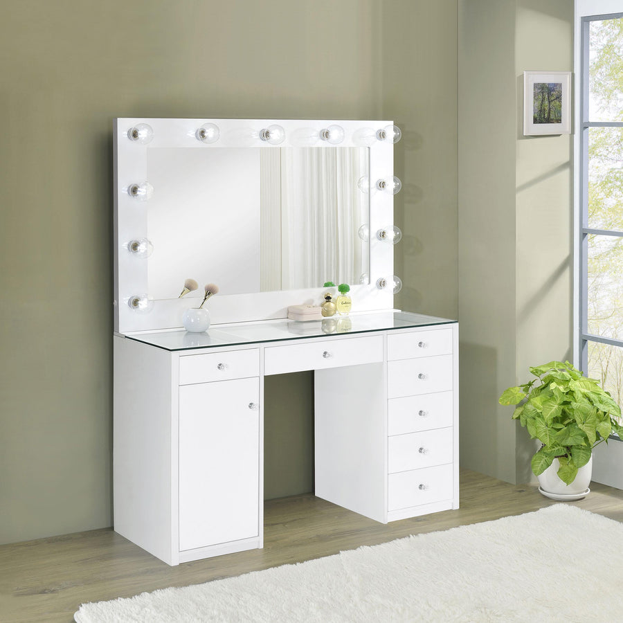 Coaster Furniture 931143 Acena 7-drawer Vanity Set with Lighting White High Gloss
