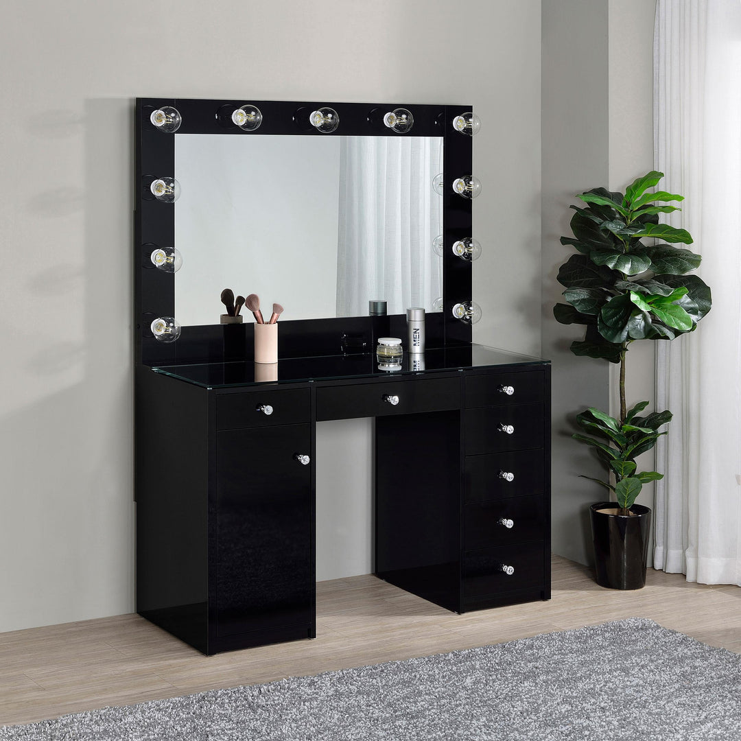 Coaster Furniture 931144 Acena 7-drawer Vanity Set with Lighting Black High Gloss