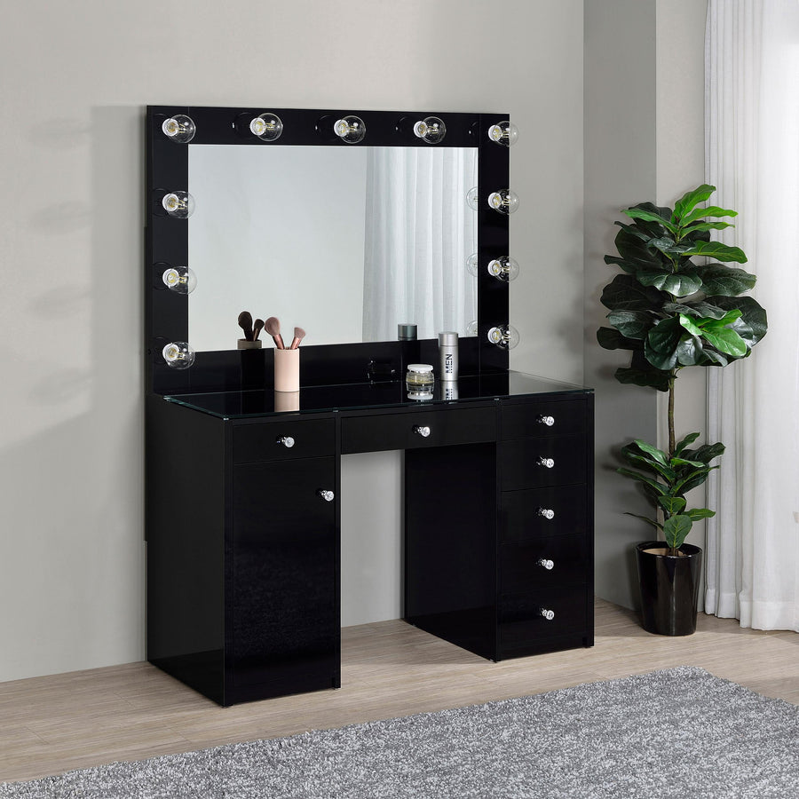 Coaster Furniture 931144 Acena 7-drawer Vanity Set with Lighting Black High Gloss